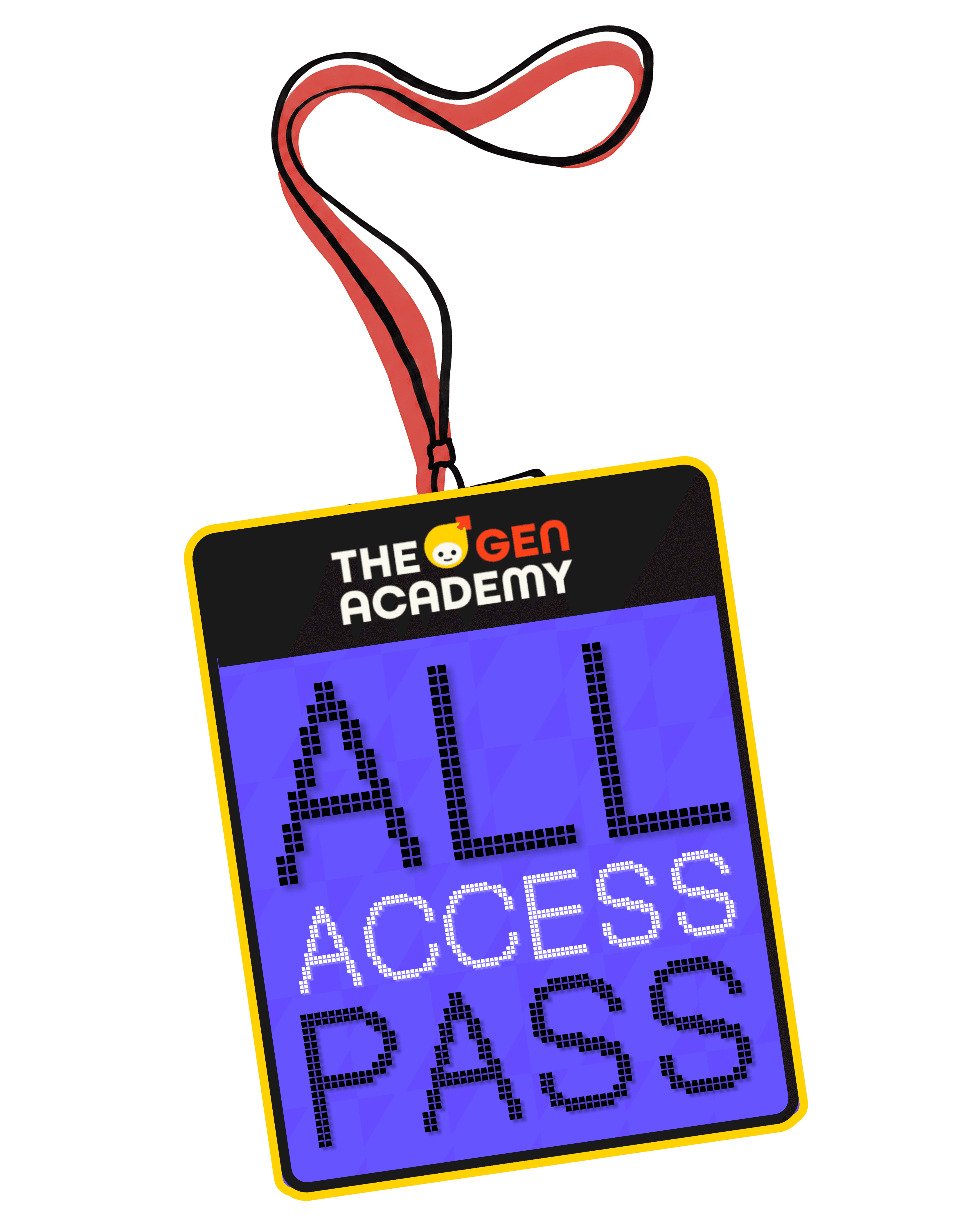 Purple Gen Academy All Access Pass on a red lanyard